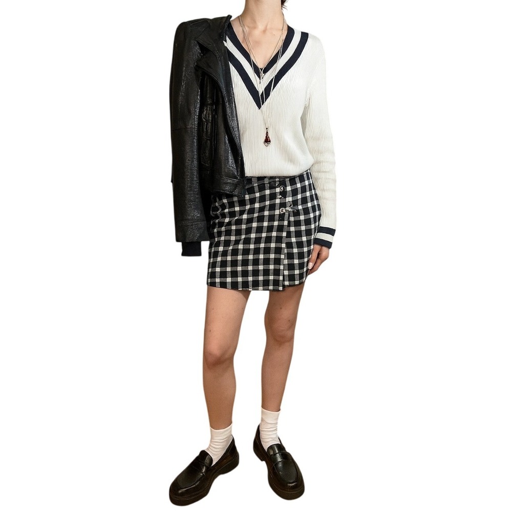 Gingham Plaid Flannel MiniSkort M Safety Pin‎ Y2K Punk Emo Academia Preppy